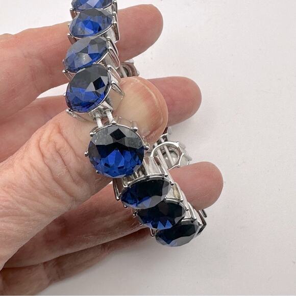 Charter Club Stretch Bracelet Blue Crystals Silver Tone Oversized Preppy Jewelry - Picture 4 of 9